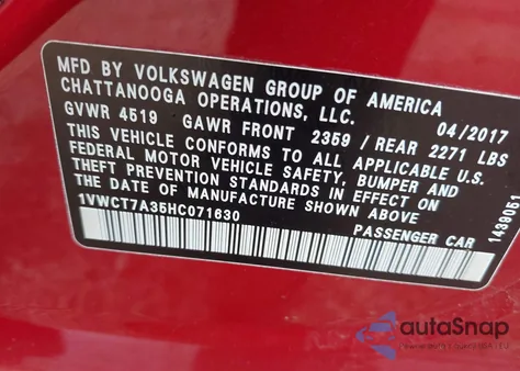 2017 Volkswagen Passat 1.8T Sel Premium z USA, uszkodzony, nr VIN 1VWCT7A35HC071630